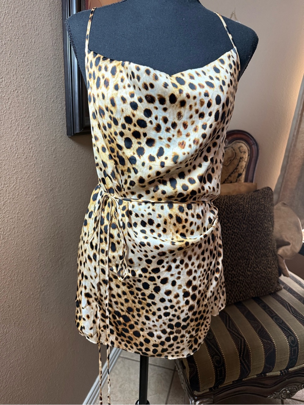 Leopard Print Satin Top- Beige/Black